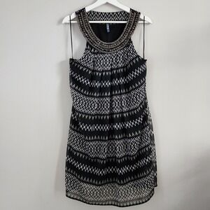 EVIE Grecian Dress Womens 14 BOHO Aztec Black White Zig Zag Print Lined Racerbac